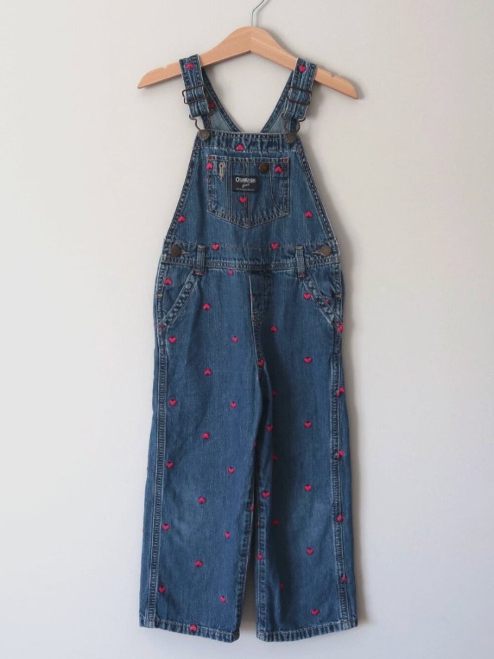 Oshkosh B’Gosh Denim Bib Overalls Pink Hearts Girls 4T  Valentine Toddler